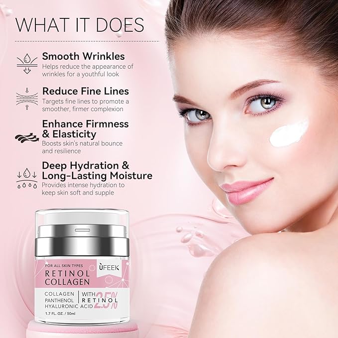 Retinol Face Moisturizer with Collagen & Hyaluronic Acid - Instant Face Lift Cream, Neck Cream for Tightening and Firming, Anti Aging Face Cream for Women and Men, 1.7 Fl Oz