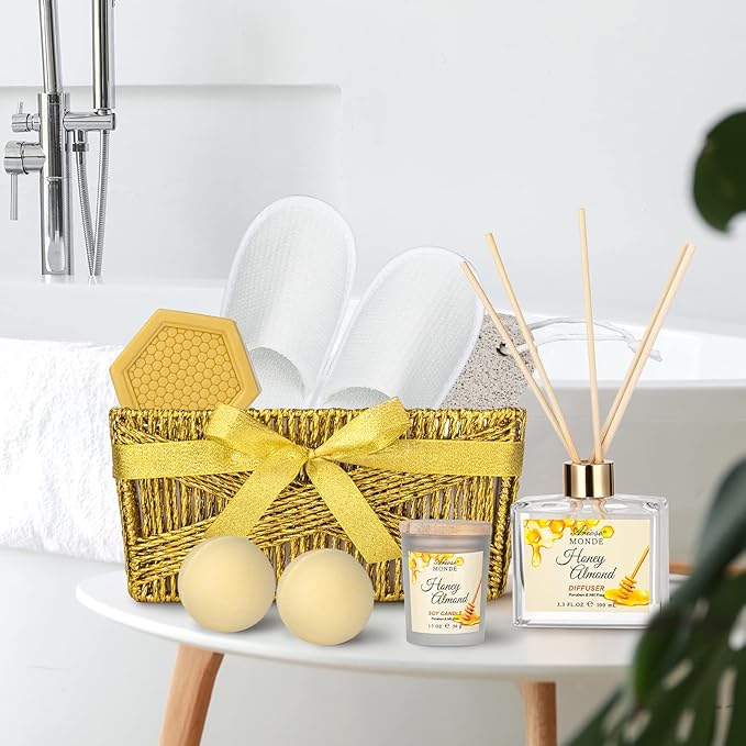 Bath & Body Gift Set, Luxury Home Spa Bath Gift Basket, Honey Almond Scented Bath Set, Pamper Gifts for Women & Teens, 15 Pcs Relaxing Home Spa Kit with Bubble Bath, Bath Salts, Body Lotion