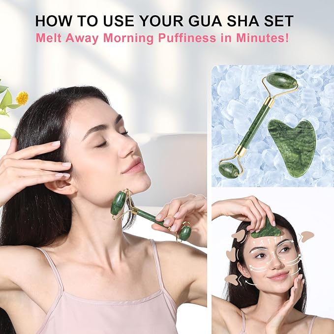 Gua Sha and Jade Roller Facial Tools for Face, Upgraded Face Roller for Wrinkles and Lifting, Face Massager and Gua Sha Set for Puffiness and Skin Care, Guasha Tool for Women and Men (Green)