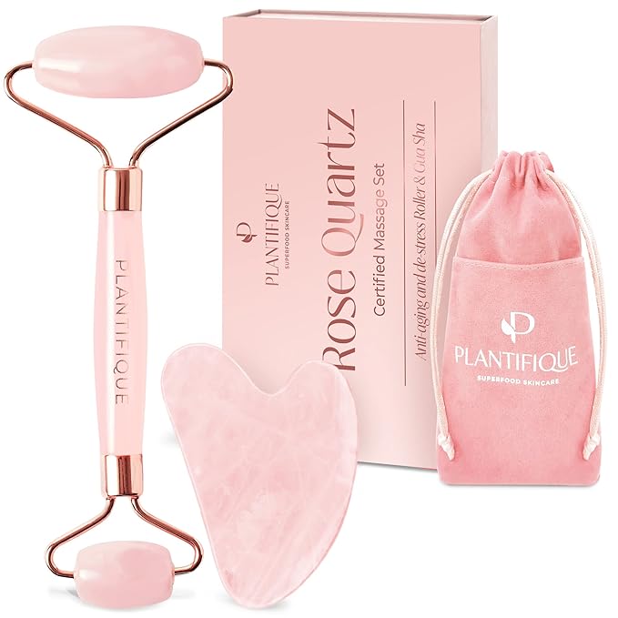 PLANTIFIQUE Face Roller and Gua Sha Rose Quartz Certified | Gifts | Guasha Tool for Face | Jawline Shaper | Your Skin Care Routine