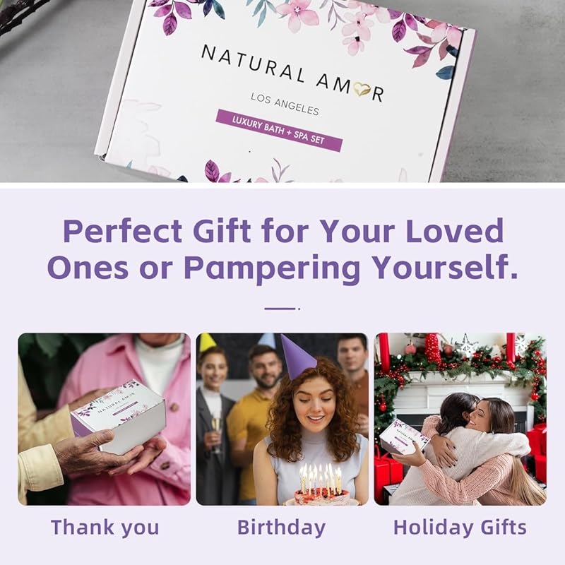Natural Amor Handmade Spa Gifts for Women, Relaxing 5pcs Spa Gift Set for Women Including Citrus Handmade Soap Bar, Soy Candle, Bath Salt, Bath Bomb