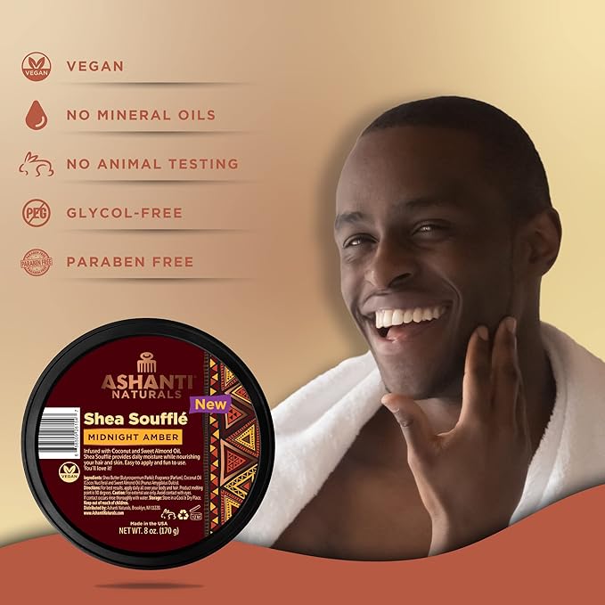 Scented Whipped Shea Butter | Unrefined Shea Butter from Ghana, Coconut and Almond Oil | Creamy, Moisturizing, Soothing (Midnight Amber Souffle, 8 oz)