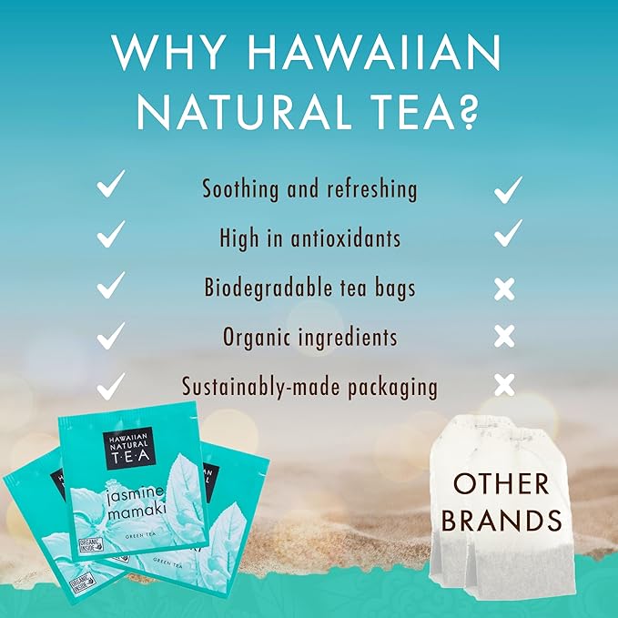 Hawaiian Natural Tea Organic Mamaki Jasmine Green Tea Blend - Antioxidant-Rich, Calming, Wellness Tea for Bedtime & Stress - Gift for Tea Lovers - 60 Tea Bags