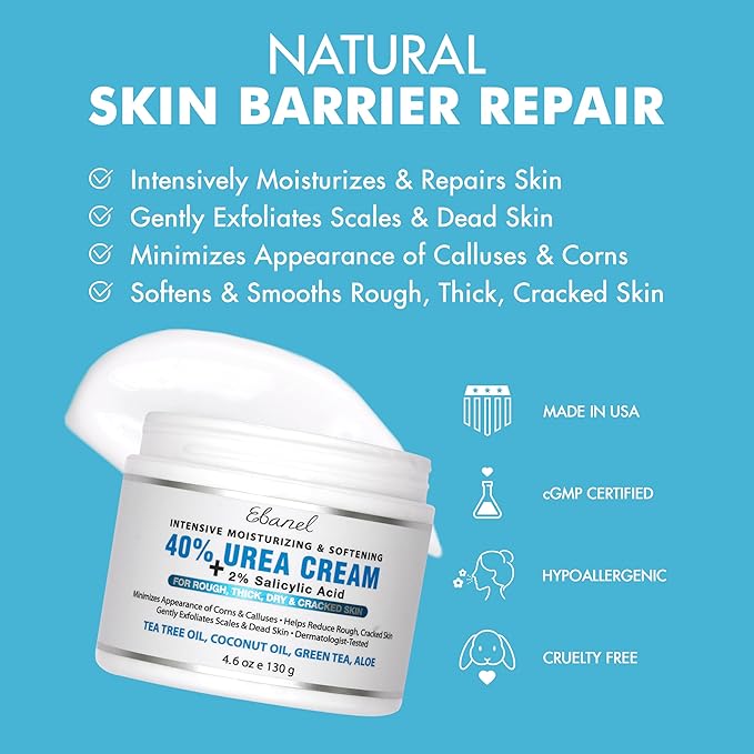 Ebanel Urea Cream 40% plus Salicylic Acid 2%, Foot Cream for Dry Cracked Heels Feet Knees Elbows Hands, Foot Dead Skin Cuticle Callus Remover Toenail Softener, Keratolytic Skin Barrier Repair, 6-Pack