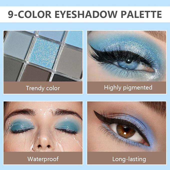 9 Colors Blue Grey Highly Pigmented Colorful Eyeshadow Palette,Matte Shimmer Navy Blue Sky Blue Grey Eye Shadow Makeup Palettes,Long Lasting Waterproof Eye Makeup Palette