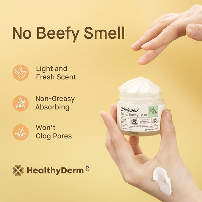 Beef Tallow Honey Balm for Skin: 100% Grass Fed Whipped Organic Moisturizer with Organic Raw Honey, Jojoba Oil, Vitamin E – Natural Face and Body Care for Mature, Dry or Sensitive Skin, 2oz