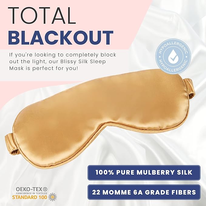 Blissy Silk Sleep Mask - Silk Eye Sleeping Mask for Women & Men for Total Blackout - 100% Pure Mulberry Silk, 22 Momme 6a Fibers - Blindfold Silk Sleep Mask Side Sleeper Eye Cover (Gold)