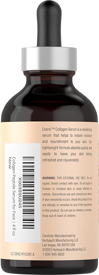 Coera Collagen Serum for Face | 4 fl oz | with Verisol | Professional Strength Peptide Formula | Free of Parabens, SLS, & Fragrances | Packaging May Vary