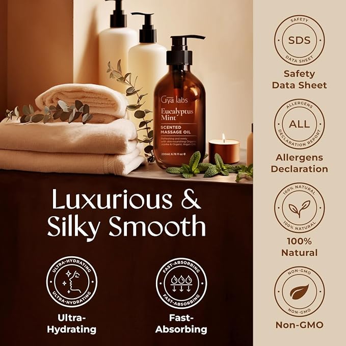 Gya Labs Eucalyptus Mint Massage Oils - 6.76 Fl Oz - 100% Pure Natural Refreshing Aromatherapy Body Massage Oil for Sore Muscles - with Jojoba, Argan, Sunflower, Almond, Vitamin E & Eucalyptus