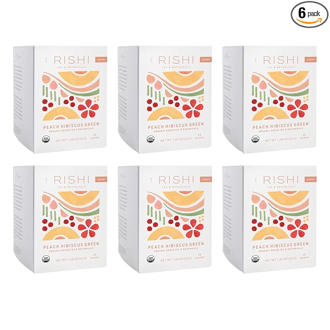 Rishi Tea Peach Hibiscus Green Houjicha Roasted Japanese Tea - Organic, Low Caffeine Sachet Bags with Hibiscus & Peach, Enjoy Hot or Iced - 15 Count (Pack of 6)