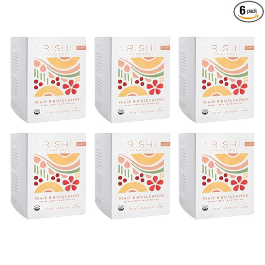 Rishi Tea Peach Hibiscus Green Houjicha Roasted Japanese Tea - Organic, Low Caffeine Sachet Bags with Hibiscus & Peach, Enjoy Hot or Iced - 15 Count (Pack of 6)