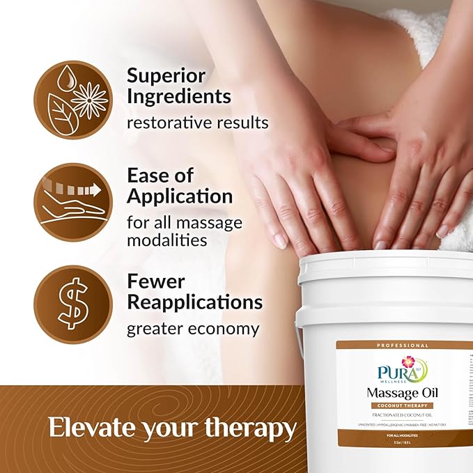 Coconut Therapy 5 Gallon Massage Oil, Coconut Oil, Professional Deep Tissue, Natural Ingredients, Moisturizing, Unscented for Physical Recovery, Skin Hydration, Long-Lasting