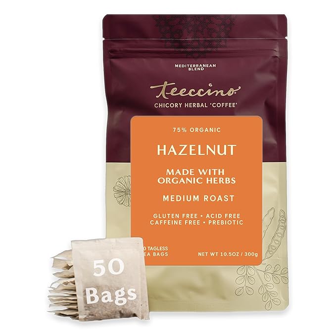 Teeccino Hazelnut Roasted Herbal Tea - Caffeine Free, Prebiotic, 3x More Herbs - 50 Tagless Eco-Friendly Tea Bags