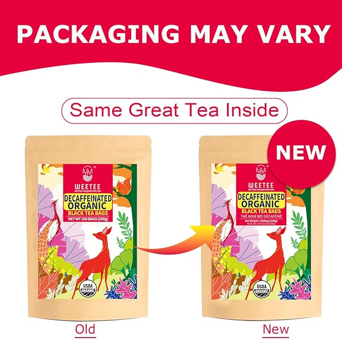 WT WEETEE Organic Decaf Black Tea Bags, Organic Black Tea 100 Count | Smooth & Mild Taste | CO2-Decaffeinated | Resealable Kraft Bag