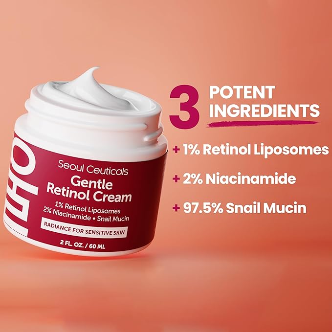 SeoulCeuticals 1% Korean Retinol Night Cream - 97.5% Snail Mucin + 2% Niacinamide Moisturizer for Face - Gentle K Beauty for Sensitive Skin 2oz