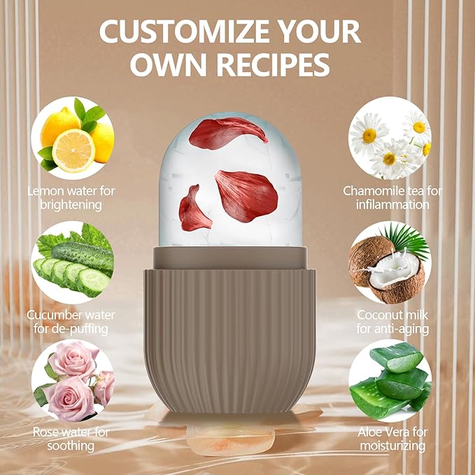 Ice Roller for Face and Eye, Silicone Ice Facial Roller Ice Holder, Face Ice Mold Skin Care, Face Icers Reusable Ice Cube Roller for Shrink Pores Anti Wrinkle Reduce Puffiness, Brown