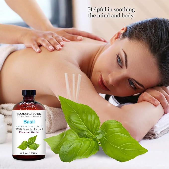 MAJESTIC PURE Basil Essential Oil | 100% Pure and Natural Basil Oil | Premium Grade Essential Oils for Hair Care, Home Diffusers, Skin, Aromatherapy, Massage and Humidifiers | 4 Fl Oz