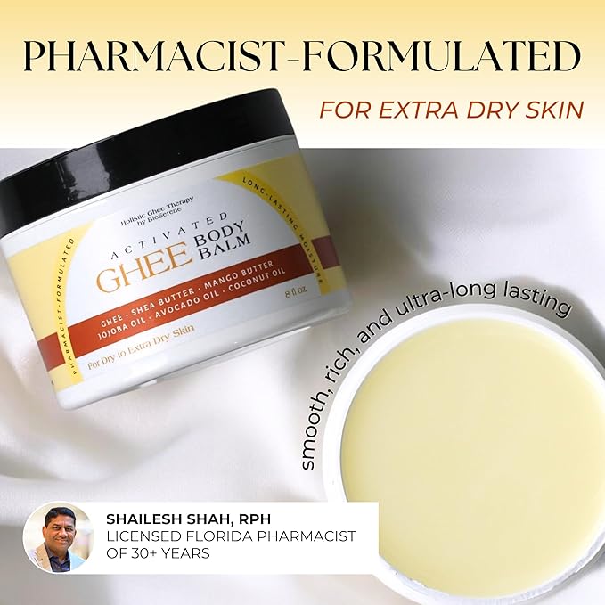 Activated Ghee Body Oil/Balm | Shea Moisturizer | Moisturizer for Extra Dry Skin | Innovative New Formulation | Ghee, Shea Butter, Coconut Oil | After Sun Moisturizer (8 oz)