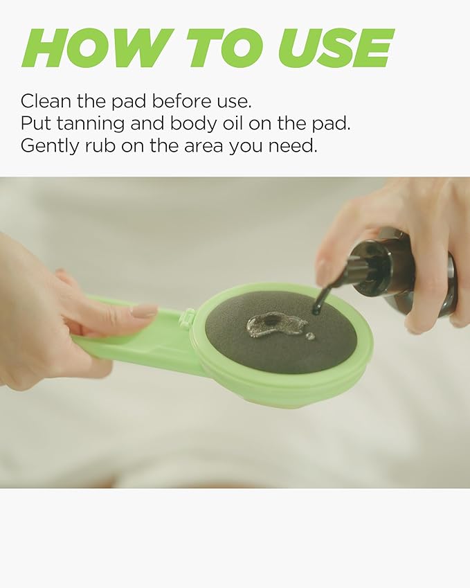 Body Oil Applicator (2nd gen) - 19" Foldable Long Curved Handle, with Replaceable Brush Head, Spill Prevention Non-Toxic Washable Foam Pad – Perfect for Tanning and Body Oils, Includes 2 Pads