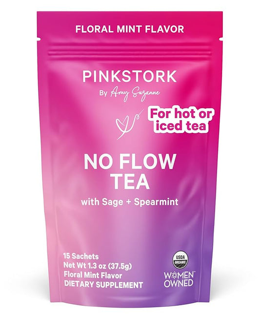 Pink Stork No Flow - Organic Sage Tea to Dry Up Breast Milk Supply and Decrease Milk Production, Stop Breastfeeding, Wean Lactation Naturally, Postpartum Essentials - Hot or Iced - 15 Sachets