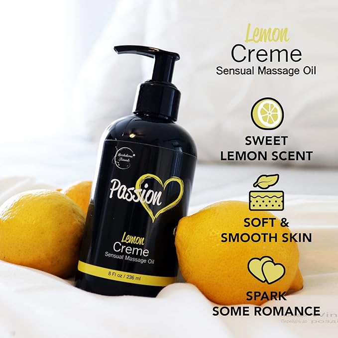 Passion Sensual Massage Oil for Date Night | 100% Natural Body Oil for Couples with Jojoba & Almond | Aromatherapy & Relaxing Massage Therapy | Perfect Glide & Smooth Skin | Lemon Crème Scent