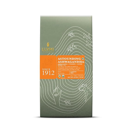 Luxmi Estates - Astounding Ashwagandha - Organic Ashwagandha Tea - 25 Tea Bags | With Ashwagandha, Turmeric, Ginger, Lemongrass & More | Perfect Stress Relief Tea