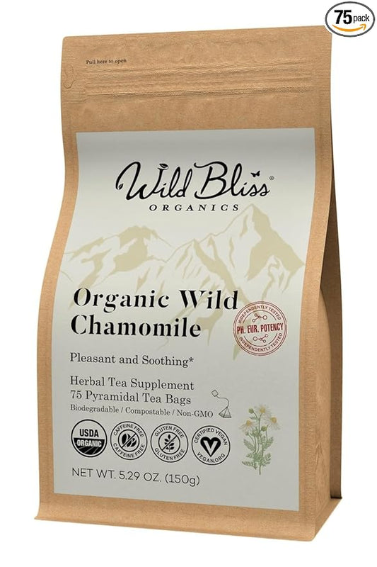 Wild Bliss Organic Chamomile Tea - Caffeine Free Calming Herbal Support - Pharmacopoeia Potency - 75 Plant Based Tea Bags