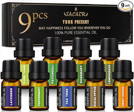 Essential Oils Set -100% Natural Essential Oils -Perfect for Diffusers, Aromatherapy,Humidifiers,Massage,Skin & Hair Care, DIY Candle and Soap Making,9x5 ML(0.17oz