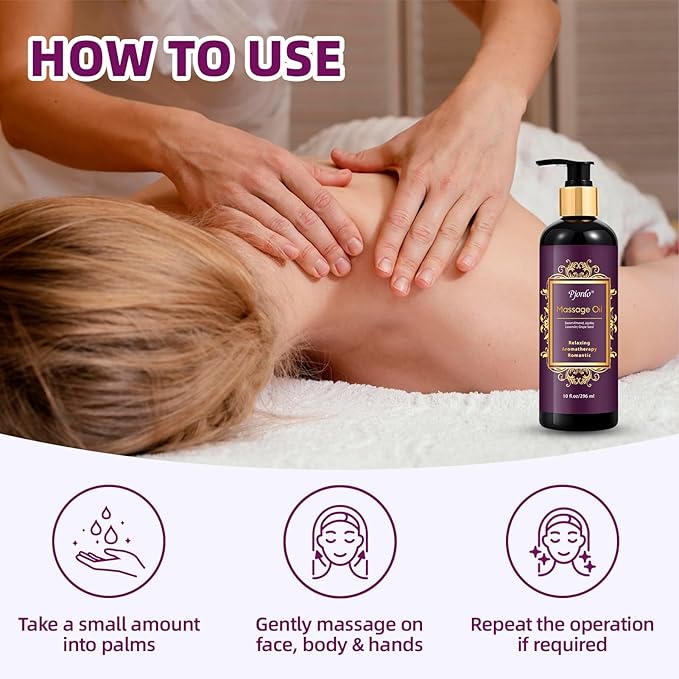 Aromatherapy Lavender Massage Oil, 10 fl oz Relaxing Massage Oil for Massage Therapy with Grape Seed, Sweet Almond & Jojoba, Spa Quality Oils for Soothing, Calming