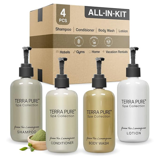 Terra Pure Spa Collection Amenities Set,10.14oz. Pumps (1 of Each) Shampoo, Conditioner, Hand/Body Wash, and Lotion