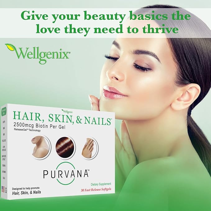 Wellgenix Purvana Hair, Skin, and Nails Vitamin - Softgels for High Absorption - Double Strength 2500mcg Biotin, VIT A & B (30 Count) (Pack of 2)