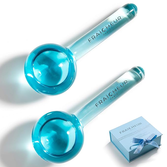 FRAÎCHEUR ICE GLOBES | Frozen Cryo Roller for Cold Facial Massage | Skincare Cooling Glass Massager with Anti-Freeze Liquid Inside | Reduce Puffiness, Pores and | Bonus Massage Techniques eBook (BLUE)