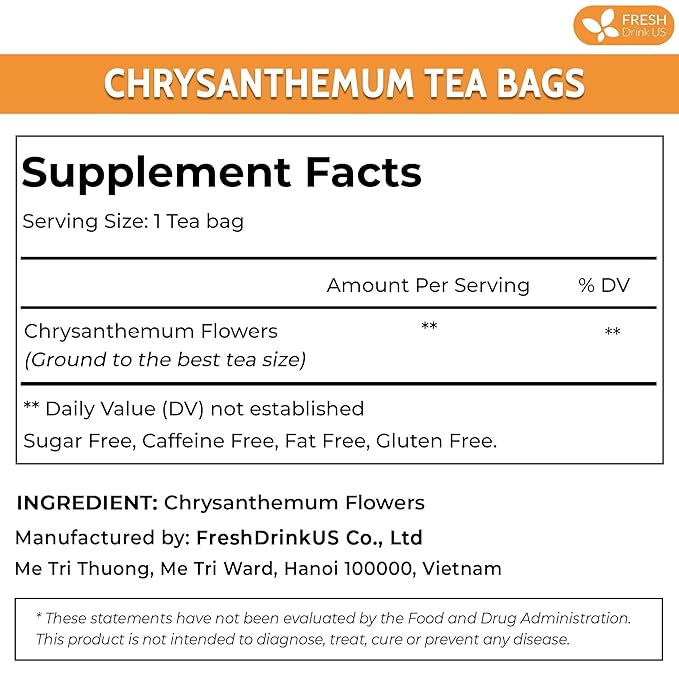 FreshDrinkUS Premium Chrysanthemum Flower Tea Bags - 120 Count, 100% Natural and Pure, Eco-Conscious. Herbal Tea, No Sugar, No Caffeine, No Gluten, Vegan
