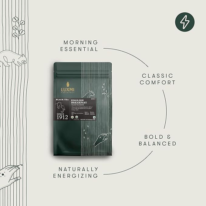 Luxmi Estates - Tale of Two Estates - Organic English Breakfast Tea - 50 Tea Bags | Made with Organic Darjeeling & Assam Tea from India | Smooth, Flavorful, Robust and Caffeinated