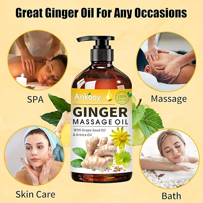 3 Pack Ginger Massage Oil with Arnica Oil,Vitamin E Oil and Grape Seed Oil,Ginger Oil for Lymphatic Drainage,100% Natural Ginger Essential Oil for Warming and Relaxing