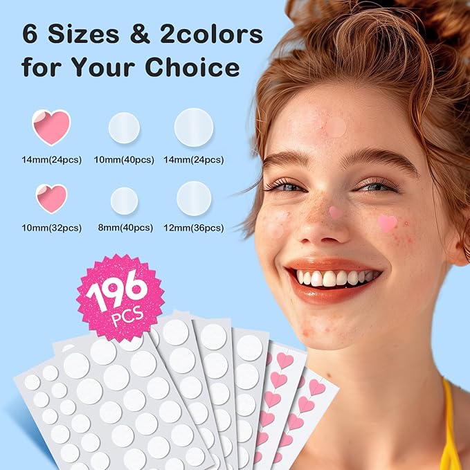 Pimple Patches for Face: 6 Sizes Day and Night Acne Patches Heart Zit Patches - Cute Spot Stickers with Tea Tree & Centella Oil, Strong Adhesion Zit Covers (196 Count)