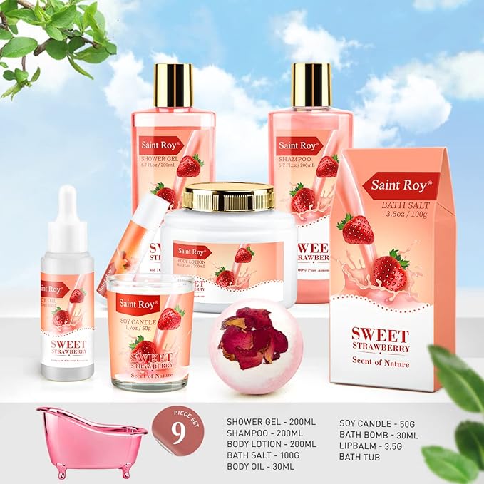 Mother's Day Gifts for Mom SPA Gifts for Her Gift Baskets for Women, Spa Gifts for Mom Strawberry Scent - Rich in Jojoba Oil Shea Butter with Body Lotion, Bath Bomb, Care Package, Birthday Gift