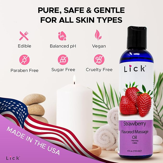 Lick Strawberry Flavored Massage Oil with Natural Vitamin E - Aromatherapy & Moisturizing Body Oil for Relaxing Muscle Massage - Essential Non-Sticky Skin Therapy for Men and Women - 4 oz