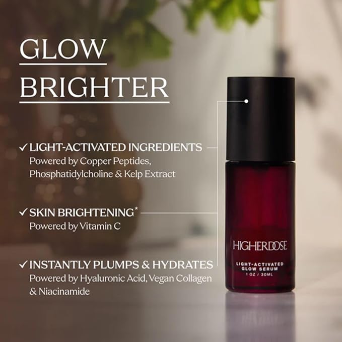 HigherDOSE Light-Activated GLOW SERUM - Anti Aging Face Serum to Plump, Hydrate & Smooth Fine Lines - Made with Vitamin C, Copper Peptides & Hyaluronic Acid - Boosts Benefits of Red Light (1 oz)