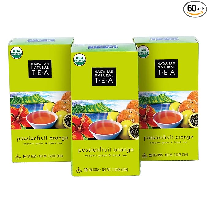 Hawaiian Natural Tea Passion Fruit Orange Flavored Organic Tea - Tropical Fruit Green Tea Blend with Black Tea - Perfect Daily Cup & Gift for Tea Lovers - 60 Tea Bags