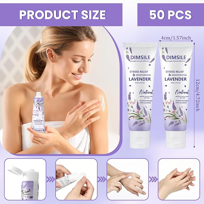50 Pack Lavender Travel Size Body Lotion 1 Oz Dry Skin Moisturizer with Flip Cap for Extra Dry Skin, for Inns and Hotels, Airlines, Offices, Gyms and More