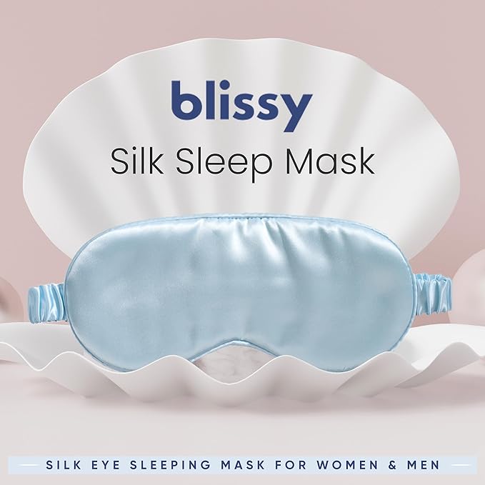 Blissy Silk Sleep Mask - Silk Eye Sleeping Mask for Women & Men for Total Blackout - 100% Pure Mulberry Silk, 22 Momme 6a Fibers - Blindfold Silk Sleep Mask Side Sleeper Eye Cover (Sky Blue)