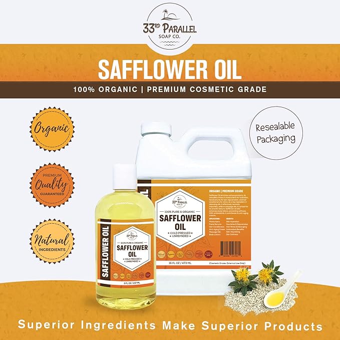 ORGANIC SAFFLOWER OIL (8 oz) Premium Cold Pressed Unrefined | 100% Pure Safflower Oil for Skin, Face, Hair, Soap Making | Carrier for Essential Oils | Available in Bulk | 8 FL OZ