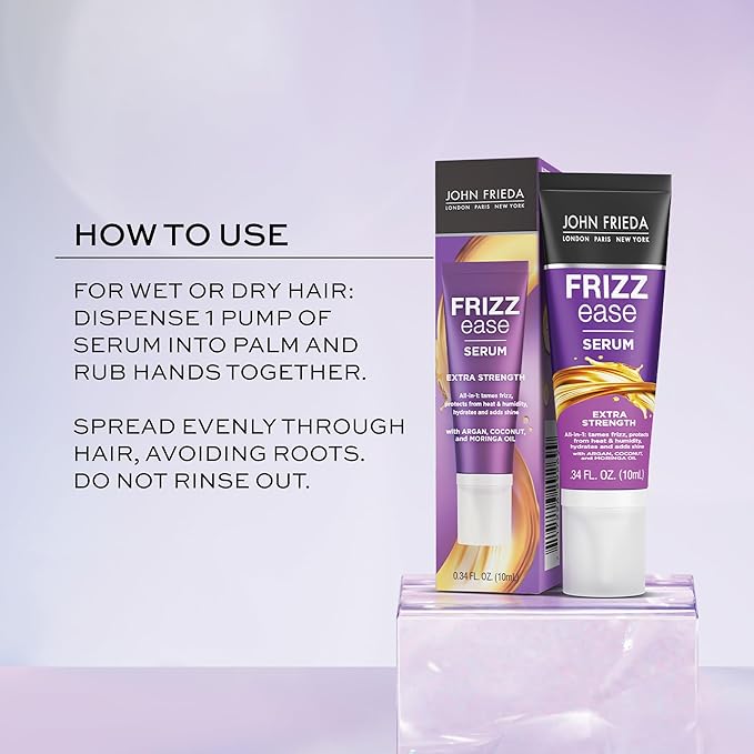 John Frieda Anti Frizz, Frizz Ease Extra Strength Hair Serum with Argan Oil, Anti-Humidity Spray for Hair, Nourishing Treatment for Thick, Coarse Hair, Travel Size, 0.34 Oz/Pack of 24