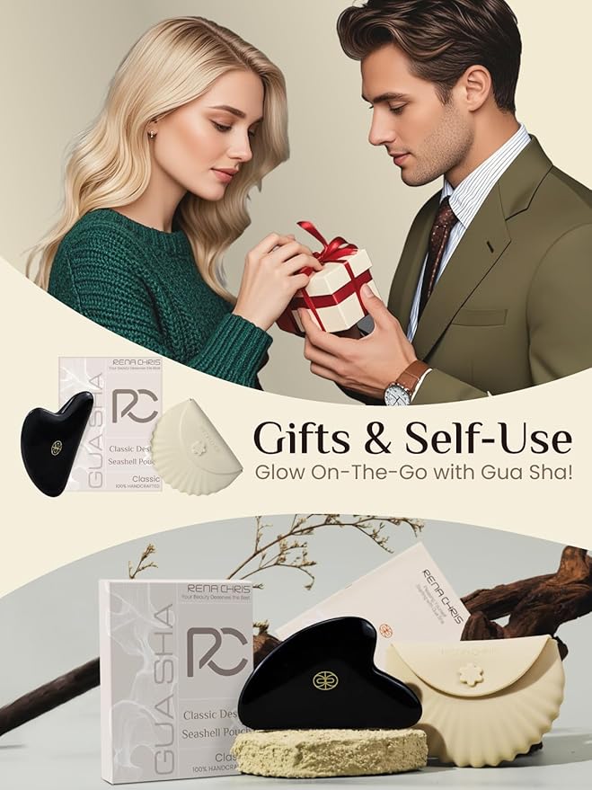 Rena Chris Gua Sha Facial Tools-Ergonomic Black Obsidian Jade Gua Sha for Face Massage, Jawline Sculpting & Puffiness Reduction with Silicone Case (Black)