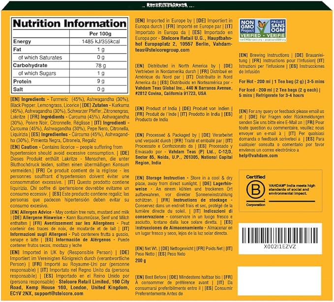 VAHDAM, Turmeric Ashwagandha Herbal Tea Bags (100 Count) Caffeine Free, Non GMO, Gluten Free | 100% Pure Herbal Blend - Sweet & Earthy | Whole Leaf Tea Bags | Resealable Ziplock Pouch