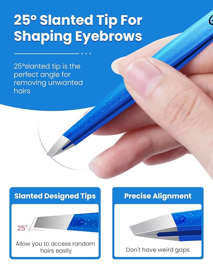 Expert Slant Tip Tweezers with Leather Travel Case, GlamTweeler Sharp & Precision Stainless Steel Tweezer for Eyebrows, Facial Hair and Fine Hairs Removal (Sparkle Royal Blue & Aqua)