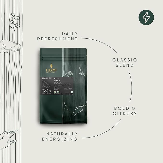 Luxmi Estates Garo Hills Organic Earl Grey Black Tea 50 Tea Bags (100gm) Pack | USDA Organic - Earl Grey Tea Bags | 100% Natural Bergamot Extracts | 50 Cups |Assam Black Tea