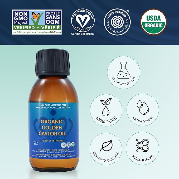 QUEEN OF THE THRONES Organic Golden Castor Oil | 100% Pure for Hair, Skin, Nails, Brows & Lashes | Hexane-Free | USDA Certified [3.38oz (100ml)]