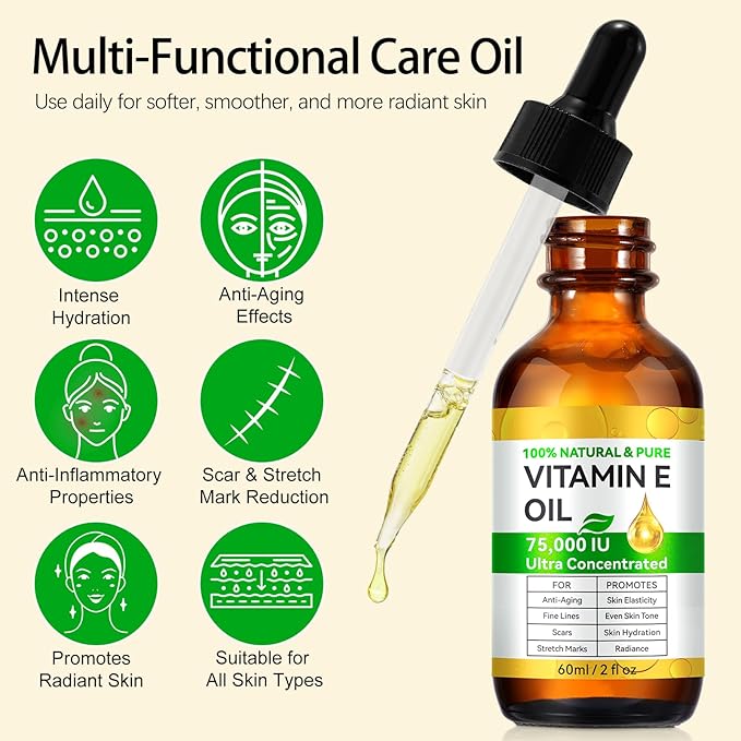 Organic Vitamin E Oil 2.02 fl.oz, 100% Pure & Natural Vitamin E Oil Blend 75,000 IU, Vitamin E Oil for Skin Face and Scars, Body Bath Oil Moisturizing Dry Skin and Winkles for Healthy Radiant Skin